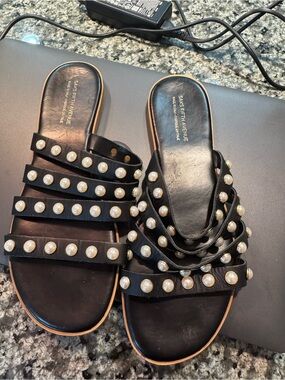 Saks Fifth Avenue Black Pearl-Accent Multi-Strap Slide Sandals